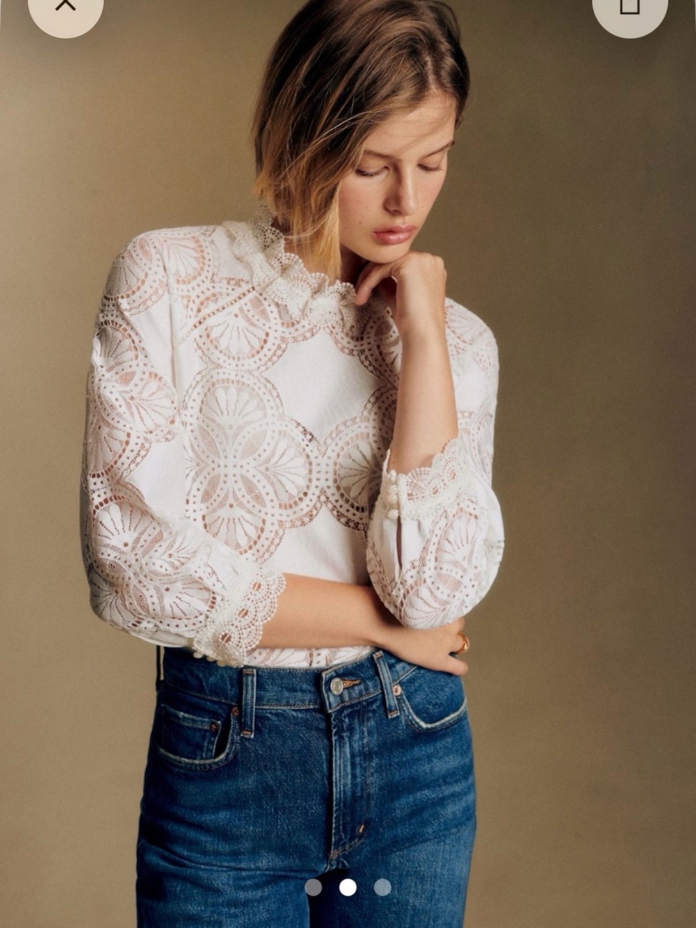 Sezane White Lace Detail High-Neck Women’s Blouse Size 36